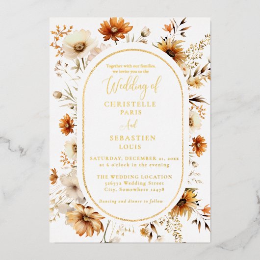 エレガント&シックボホ秋ワイルドフラワー結婚ズ 箔招待状 (正面)