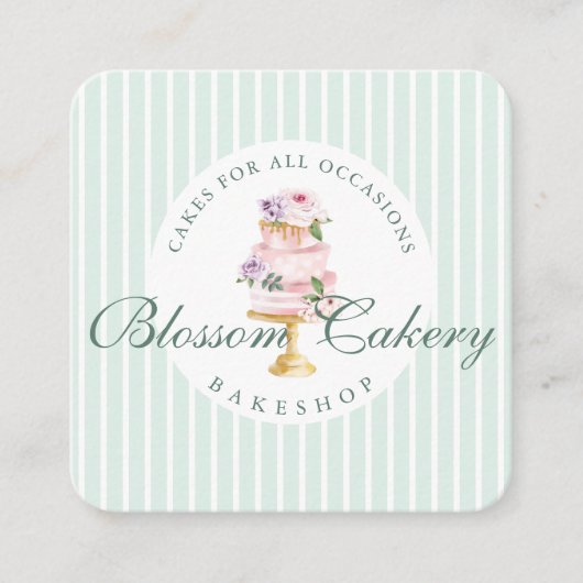 エレガント&シックミントウォーター色フローラケーキベーカリー スクエア名刺 (正面)