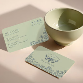 エレガント&シック・グリーン&ブルー花模様&モスロゴ 名刺