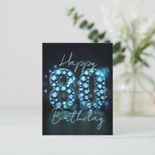 エレガント シック サファイアブルーとブラックの80歳の誕生日 ポストカード (スタンド正面)