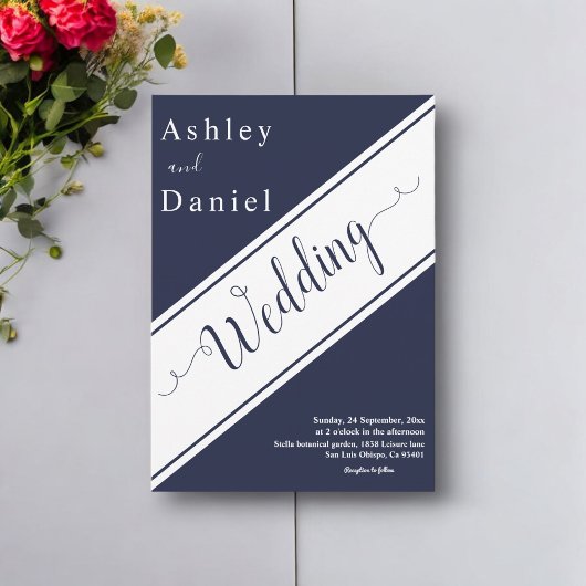 エレガント シック ネイビーブルー ホワイト モダンラグジュアリー ウェディング 招待状