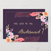 エレガント シック パープル ローズ フェザー 招待状 (正面/裏面)