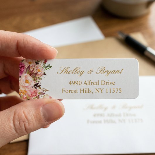 エレガント シック ブラッシュ ピンク フラワー ゴールド ウェディング ラベル