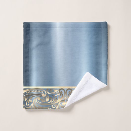エレガント シック ブルー メタリック ゴールド スワールズ バスタオルセット (ウォッシュタオル)