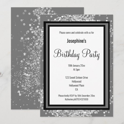 エレガント シルバー ホログラフィック グレー ブラック 誕生日 招待状 (正面/裏面)