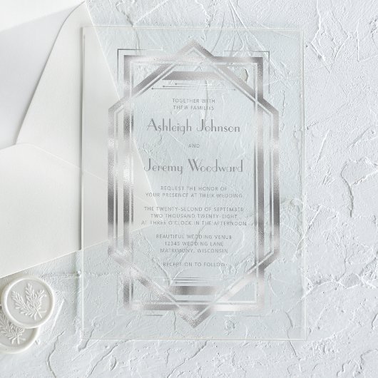 エレガント シルバー ヴィンテージ 1920年代 デコ ウェディング アクリル招待状