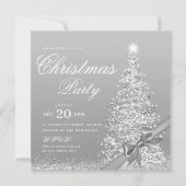 エレガント シルバー 冬 クリスマスツリー リボン 招待状 (正面)