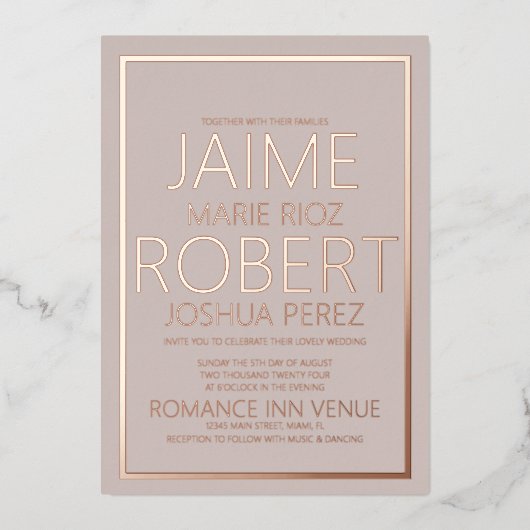エレガント&シンプルタイポグラフィミュートされたタン結婚の 箔招待状 (正面)