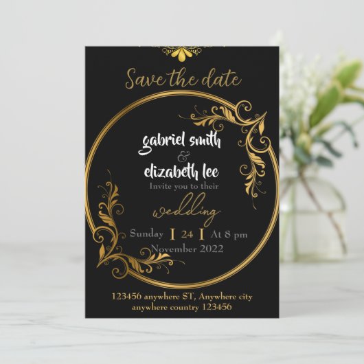 エレガント&シンプルラグジュアリー金ゴールド結婚式招待状 招待状 (スタンド正面)