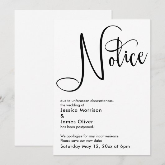 エレガント シンプル お詫び 延期 結婚式 案内カード 招待状 (正面/裏面)