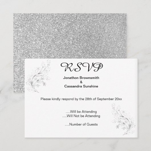 エレガント シンプル シルバー リーフ シルバー グリッター 返信ください 招待状 (正面/裏面)