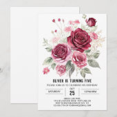 エレガント シンプル バーガンディ フラワー バースデー 招待状 (正面/裏面)