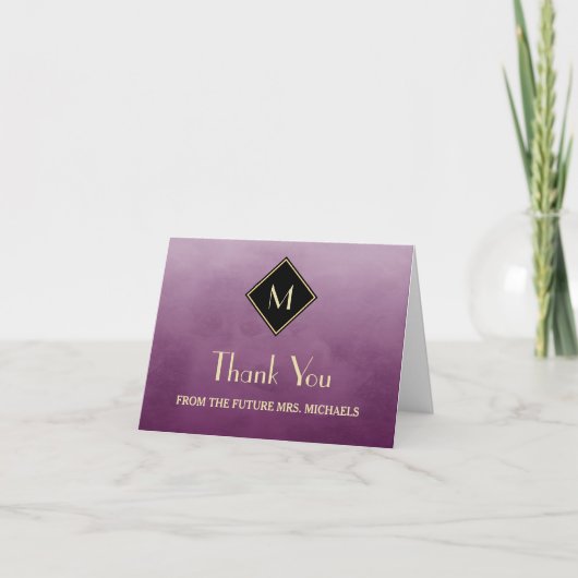 エレガント シンプル パープル ゴールドモノグラム ありがとう サンキューカード (正面)