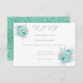 エレガント シンプル フラワーパターン アクア グリッター 返信カード 招待状 (正面/裏面)