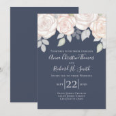 エレガント シンプル ブラッシュ ピンク フローラル ネイビー ブルー フォリアージ 招待状 (正面/裏面)