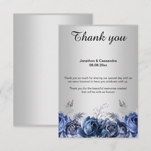 エレガント シンプル ブルー フラワー シルバー サンクス カード (正面/裏面)