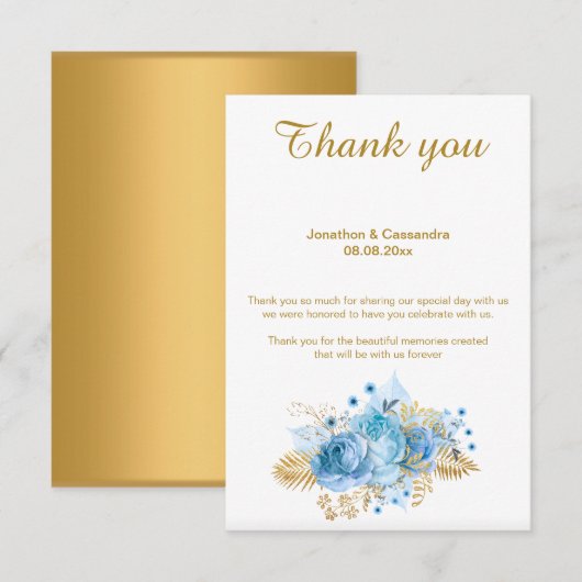エレガント シンプル ブルー 花 モチーフ ゴールド リバース サンクス 招待状 (正面/裏面)