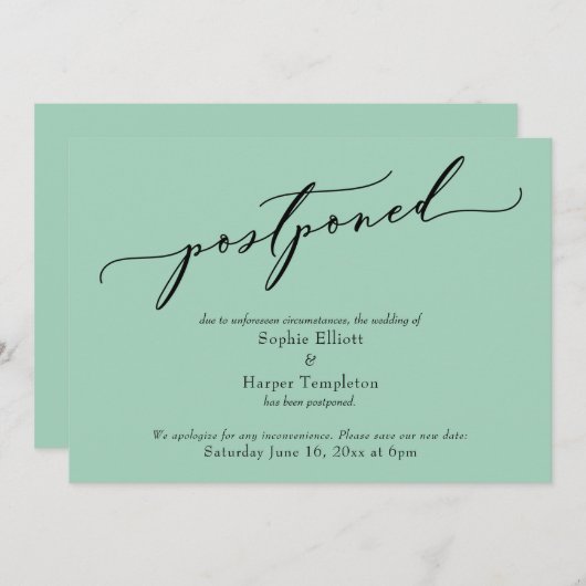 エレガント シンプル ライトグリーン 延期 ウェディングカード 招待状 (正面/裏面)