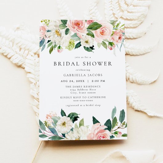 エレガント&スウィート赤面ピンクフローラブライダルシャワー 招待状