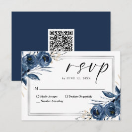 エレガント スクリプト ネイビーブルー 花 モダン 結婚式 QRコード 出欠カード