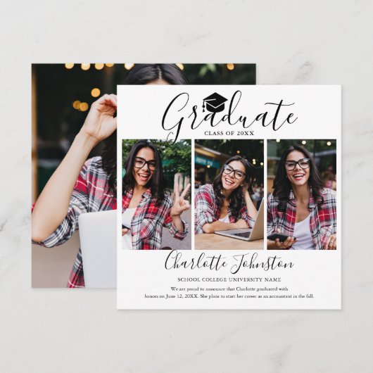 エレガント スクリプト 4 フォト 卒業発表 招待状 (正面/裏面)