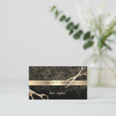 エレガント,スタイリッシュ黒，金ゴールド紙吹雪，はさみ 名刺 (スタンド正面)