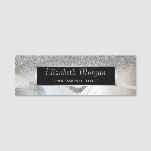 エレガント スタイリッシュ シルバー グリッター フレーム 名札 (正面)