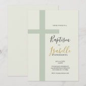 エレガント セージグリーン ゴールド ミニマルクロス 洗礼 招待状 (正面/裏面)