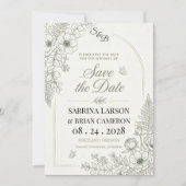 エレガント セージグリーン フラワー Save The Date 招待状 (正面)