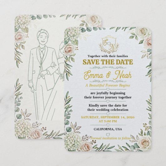 エレガント セージゴールドの結婚式招待状 Save The Date セーブザデート (正面/裏面)
