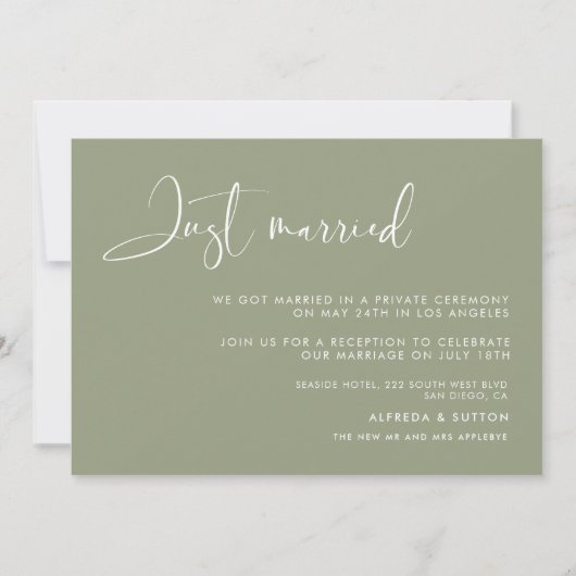 エレガント&セージモダングリーンたった今結婚しましたカード 招待状 (正面)
