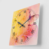 エレガント ソフト パステル イエロー ピンク バタフライ & スワールズ スクエア壁時計 (傾斜)