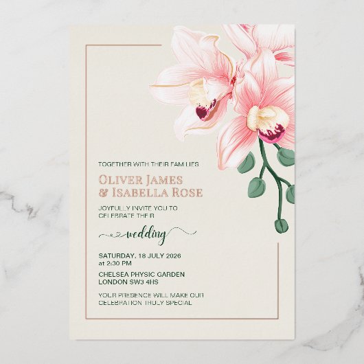 エレガント ソフト ピンク オーキッド ウェディング 招待状 | ホイル (正面)