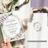 エレガント ソフト モーブ フローラル ゴールド ジオメトリック ウェディング 招待状