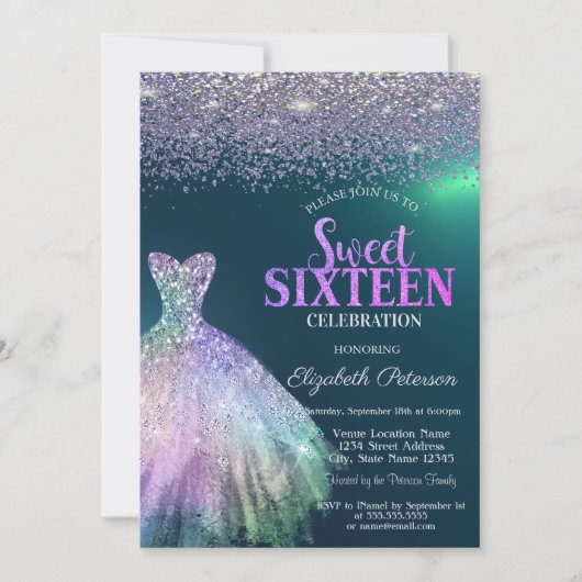 エレガント ダイヤモンド ドレス グリーン Sweet 16 招待状 (正面)