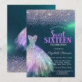 エレガント ダイヤモンド ドレス グリーン Sweet 16 招待状 (正面/裏面)