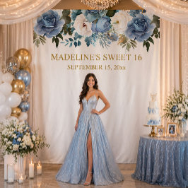 エレガント ダスティブルー 白 フラワー Sweet 16 写真 タペストリー