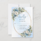エレガント ダスティブルー 花柄 ゴールド 結婚式 RSVP カード (正面)