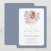 エレガント ダスティーブルーのリボン写真 男の子 洗礼式 招待状 (正面/裏面)