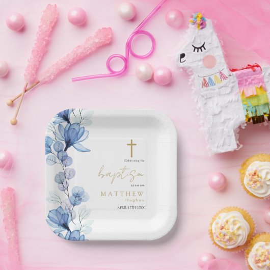 エレガント ダスティーブルー トランスパレント フラワーバプテスマ ペーパープレート (パーティー)