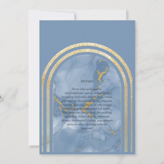 エレガント ダスティーブルー マーブル ゴールド アーチ ウェディング 招待状 (裏面)