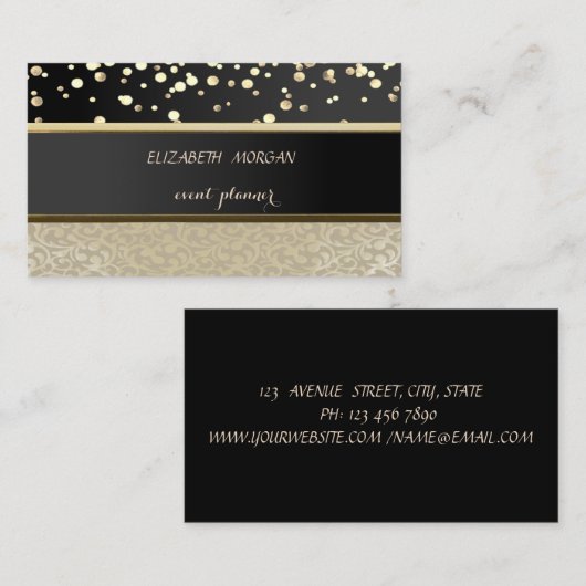 エレガント,ダマス,黒,金ゴールド紙吹雪 名刺 (正面/裏面)