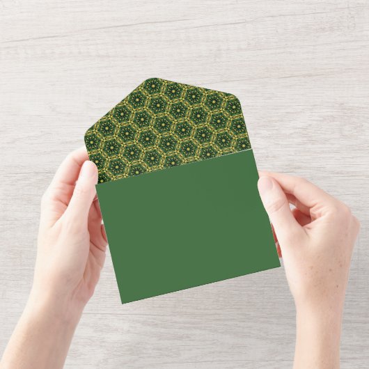 エレガント ダークグリーン ゴールド オールインワン 招待状 (開いている状態)