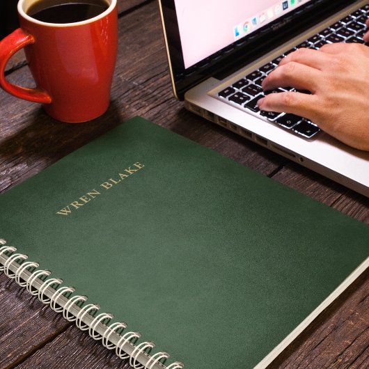 エレガント ダークグリーン レザー & ゴールド スクリプト ネーム ノートブック