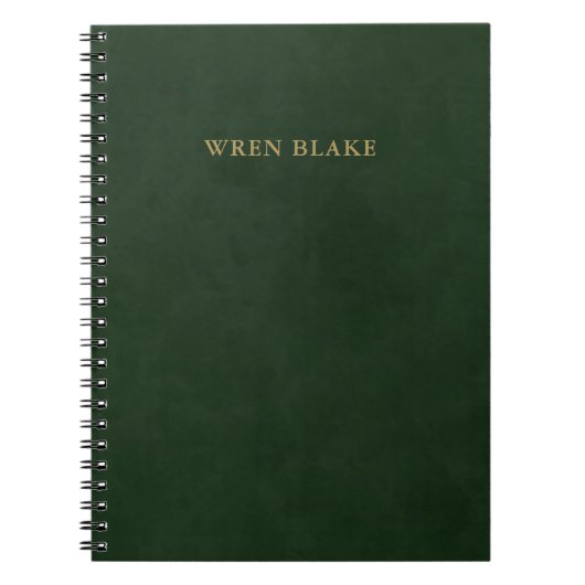 エレガント ダークグリーン レザー & ゴールド スクリプト ネーム ノートブック (正面)