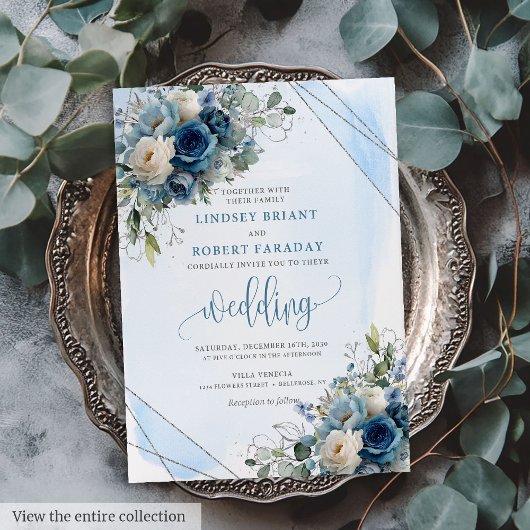 エレガント ダークブルーのバラ シルバーフレーム ウェディング 招待状