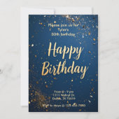 エレガント ダークブルー & フェイクゴールド 誕生日招待状 招待状 (正面)