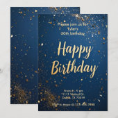 エレガント ダークブルー & フェイクゴールド 誕生日招待状 招待状 (正面/裏面)