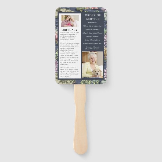 エレガント ダークブルー フラワー 3 フォト 葬儀 プログラム ハンドファン (裏面)