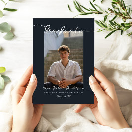 エレガント ダークブルー 卒業発表 フォト付き 招待状